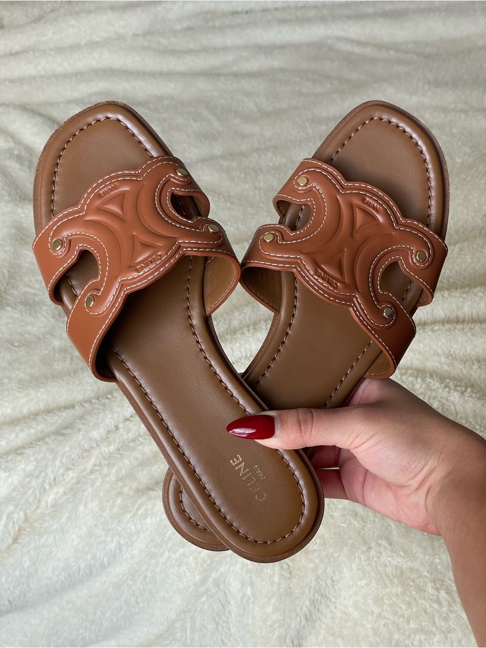 Celine Tan Leather Slide Sandals with Embossed Cutout Strap